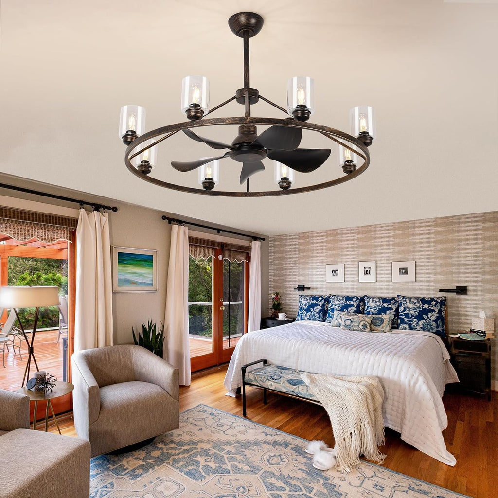 44' Large Ceiling Fans with Lights Wagon Wheel Chandelier, Farmhouse Fandelier Classical Black Fans with Glass Lampshade Light Fixture,App, 6 Speed,Timing,Adjustable Height for Dining Room Living Room
