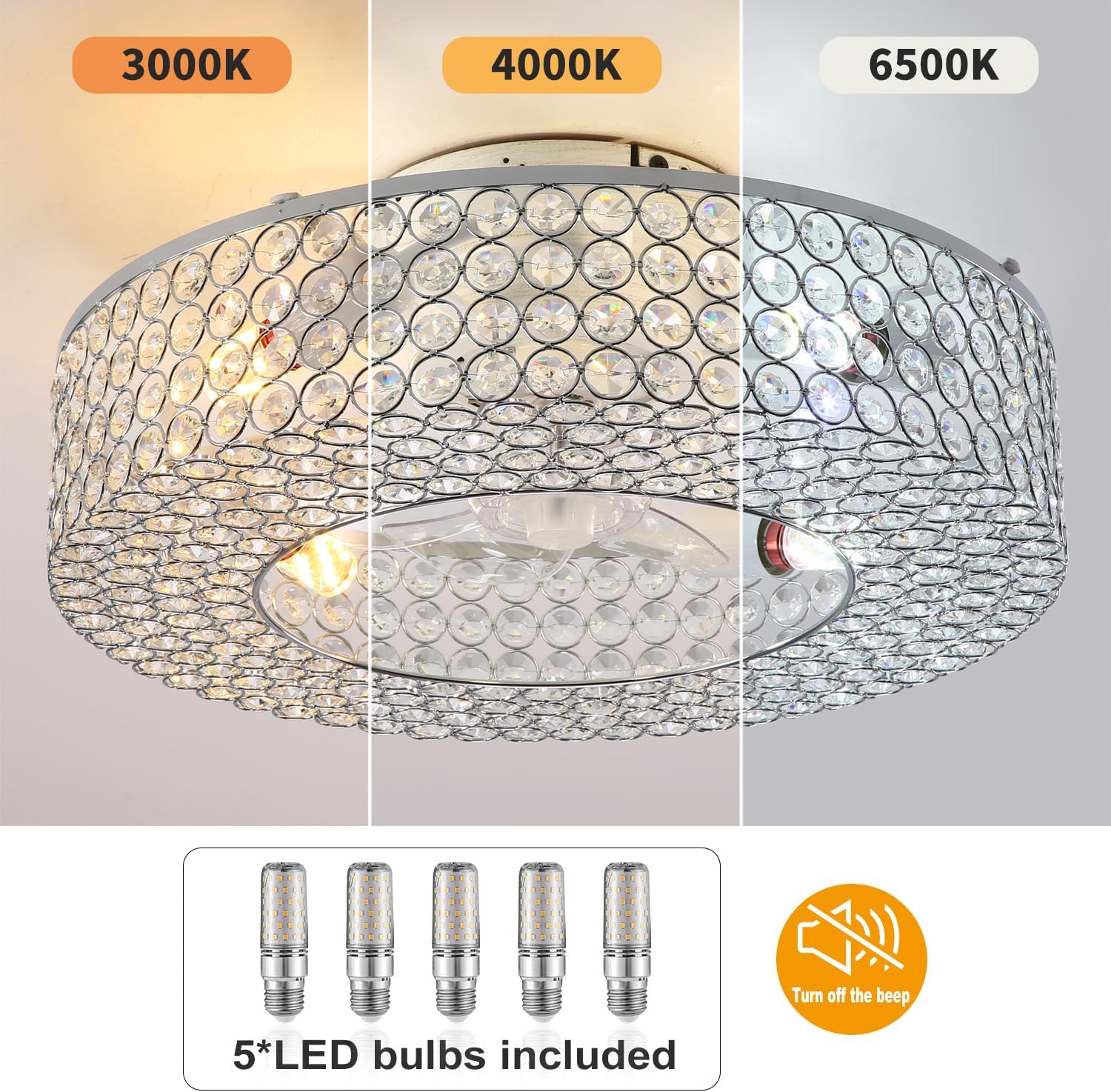Modern Crystal Ceiling Fan with Light Remote Control, 19.6 Inch Enclosed Bedroom Fan with Lights, 6-Speed Quiet reversible motor, Flush Mount Fandelier for Low Ceiling, Living Room, Dining Room