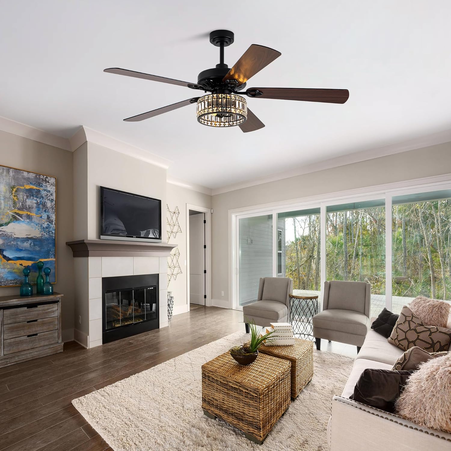 Dawn Whisper 60 Inch Crystal Chandelier Ceiling Fans with Lights Black Large Modern Ceiling Fans for Living Room Bedroom Quiet and Reversible DC Motor 6 Speeds Enegery Efficient