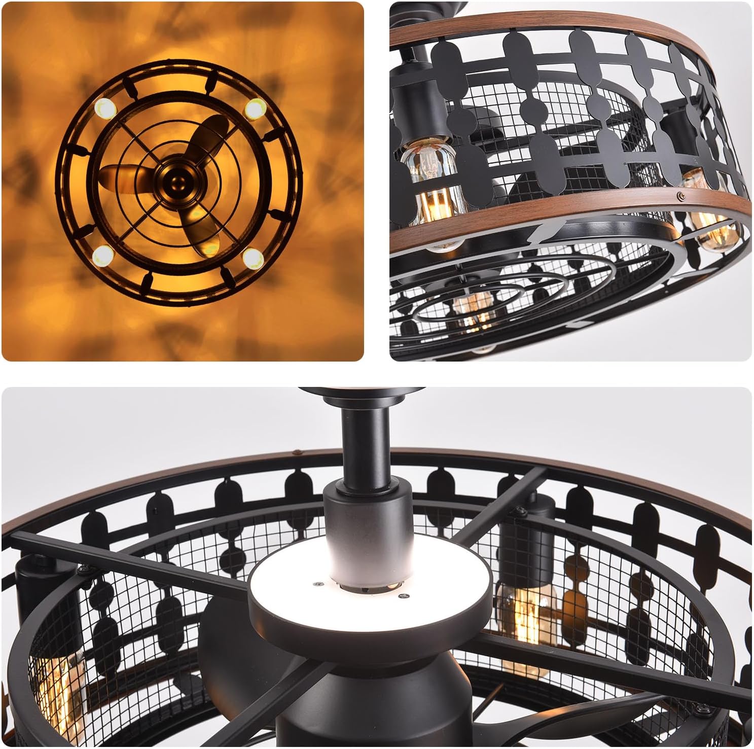 Orison 21.5'' Caged Ceiling Fan with Light, Low Profile Ceiling Fan with Light and Remote (395-Black)