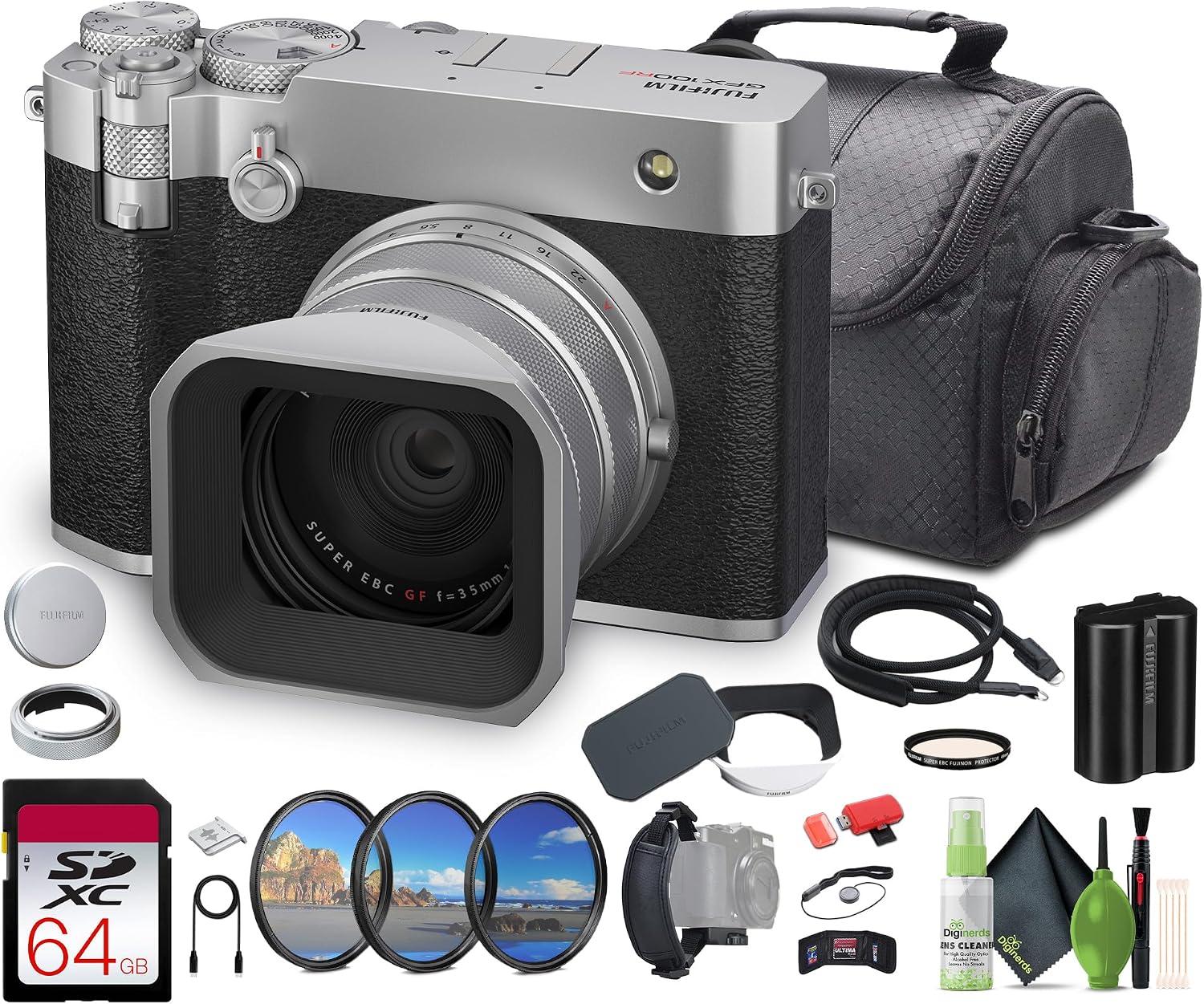 FUJIFILM GFX100RF 102MP Large Format Mirrorless Digital Camera, Powerful Compact Rangefinder Style, 4K/30p Video, AI Autofocus, 35mm F4 Lens, Built-in ND Filter, 20 Film Simulation Bundle (Silver)