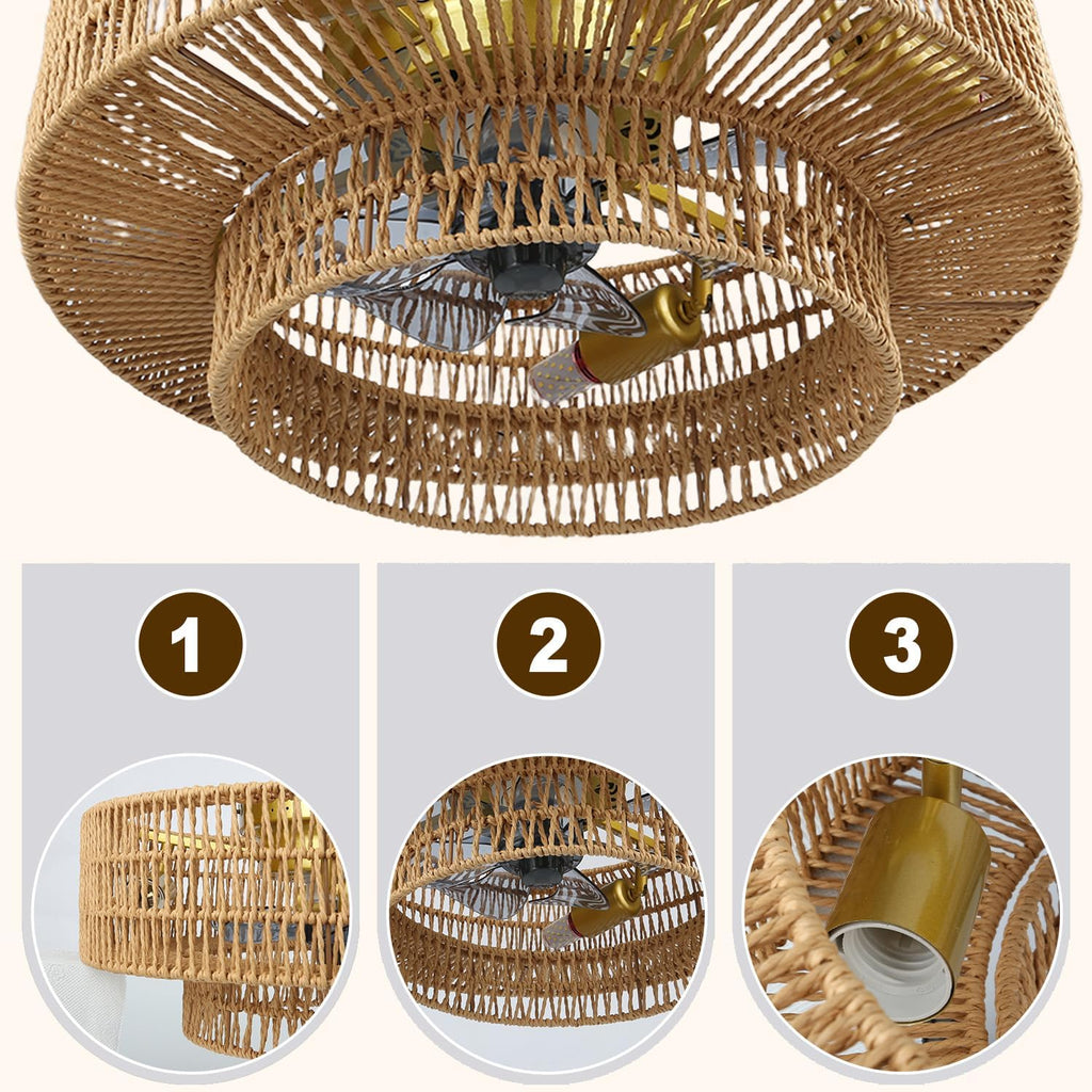 Boho Ceiling Fan with Light and Remote,Rattan Fandelier Ceiling Fan with Light with 3 Mode Lighting and E26 Bulbs for Bedroom, Nursery, Garage (Yellow)