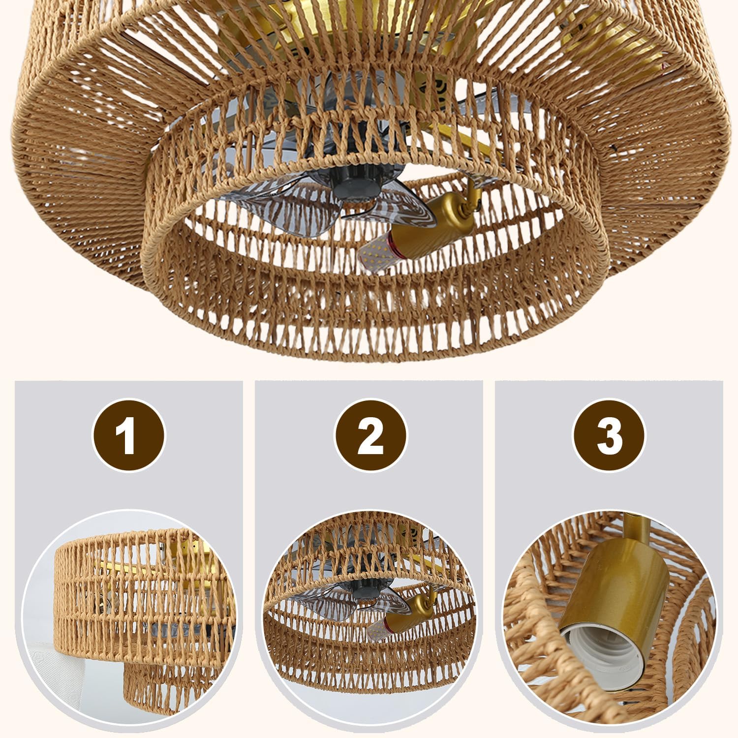 Boho Ceiling Fan with Light and Remote,Rattan Fandelier Ceiling Fan with Light with 3 Mode Lighting and E26 Bulbs for Bedroom, Nursery, Garage (Yellow)