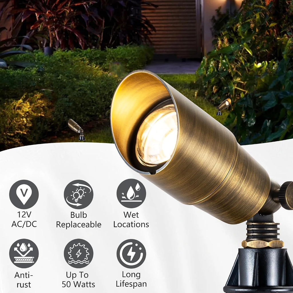 LumStory 4-Pack Solid Brass Landscape Light Low Voltage 12V Outdoor Brass Landscape Spotlight with 5W MR16 LED Bulb 3000K Warm White, IP65 Waterproof Landscape Up Lighting for Tree Garden Yard Pathway