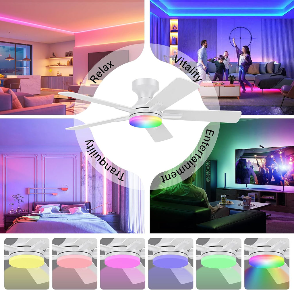 42 Inch Ceiling Fans with lights,RGB Low Profile Ceiling Fan with Light and Remote Control,APP,White Flush Mount Ceiling Fans for Modern Bedroom,Patio,Porch,Outdoor Indoor Use,Dimmable LED,6 Speed
