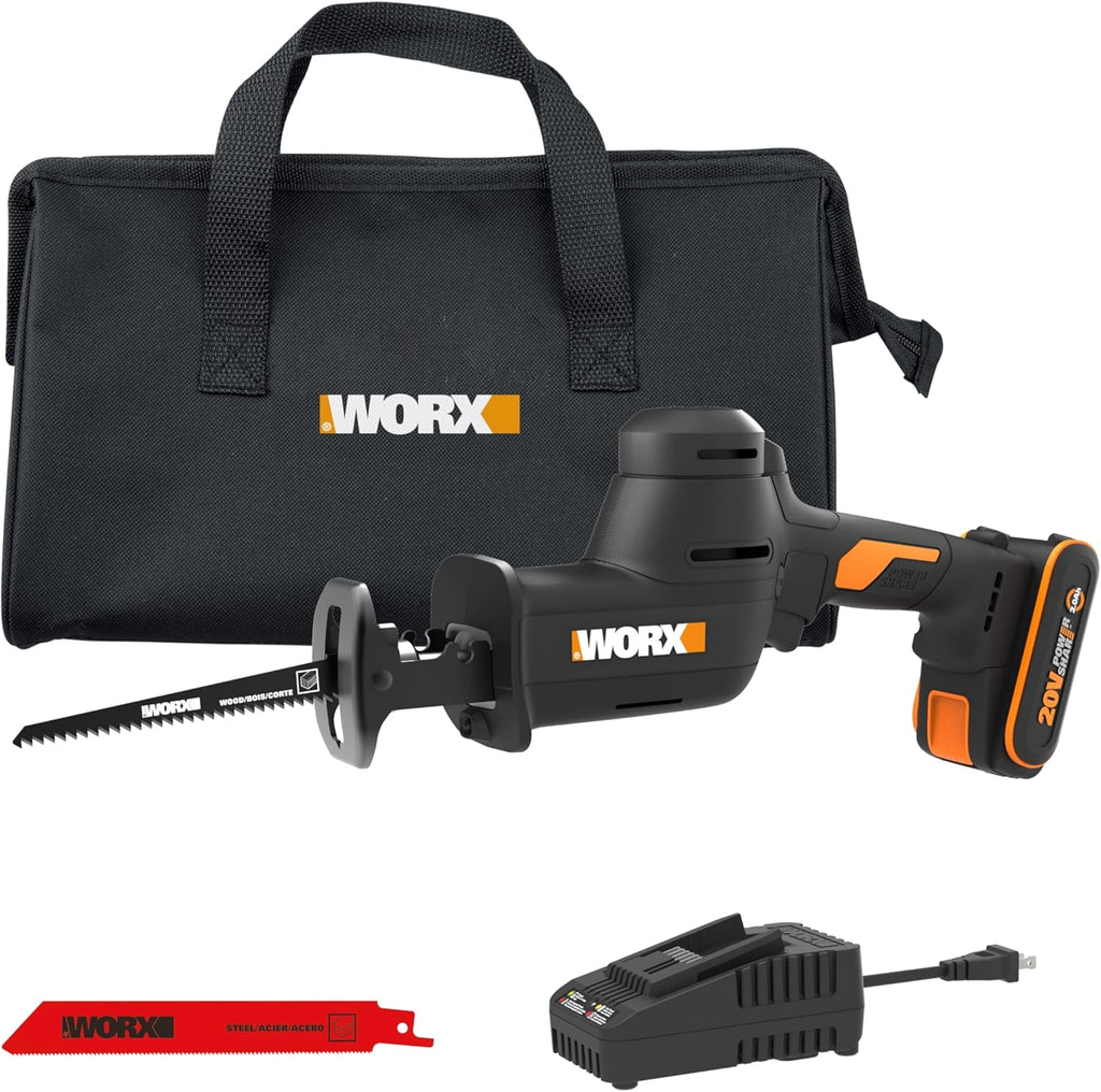 WORX Cordless Reciprocating Saw, 20V 1' Brushless Reciprocating Saw, 1' Stroke Length, Fast cuts up to 3,000 SPM, 12.5' Compact Design, 75% Lower Vibration, Battery and Charger Included, PowerShare
