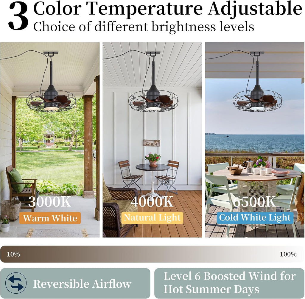 25Inch Outdoor Caged Ceiling Fan with Light Remote Control 3 Color Temp. IP65 Waterproof,Farmhouse Gazebo Fan Light for Patio Canopy Pavilot Living Room Entrance,Black,2026 Upgrad