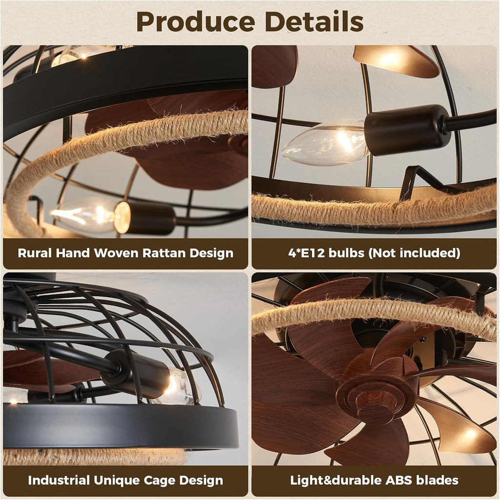 20' Boho Black Caged Ceiling Fan with Lights and Remote, Rustic Flush Mount Bladeless Ceiling Fan Low Profile, Small Farmhouse Hand Woven Rattan Ceiling Fan for Bedroom, Kitchen, Indoor