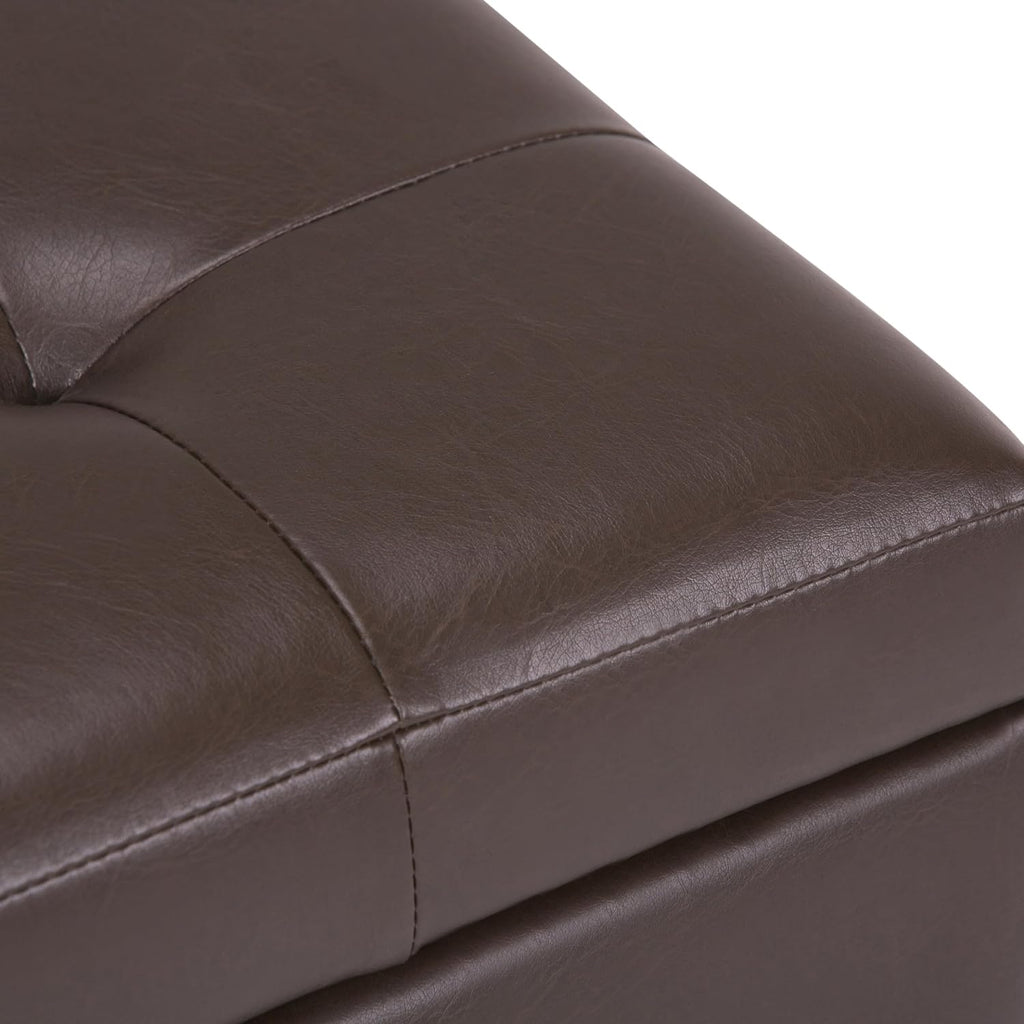 SIMPLIHOME Cosmopolitan Storage Ottoman - 34 inch Wide Upholstered Vegan Leather Rectangle Storage Ottoman Bench in Chocolate Brown, Transitional Tufted Ottoman for Living Room with Lift-Up Lid