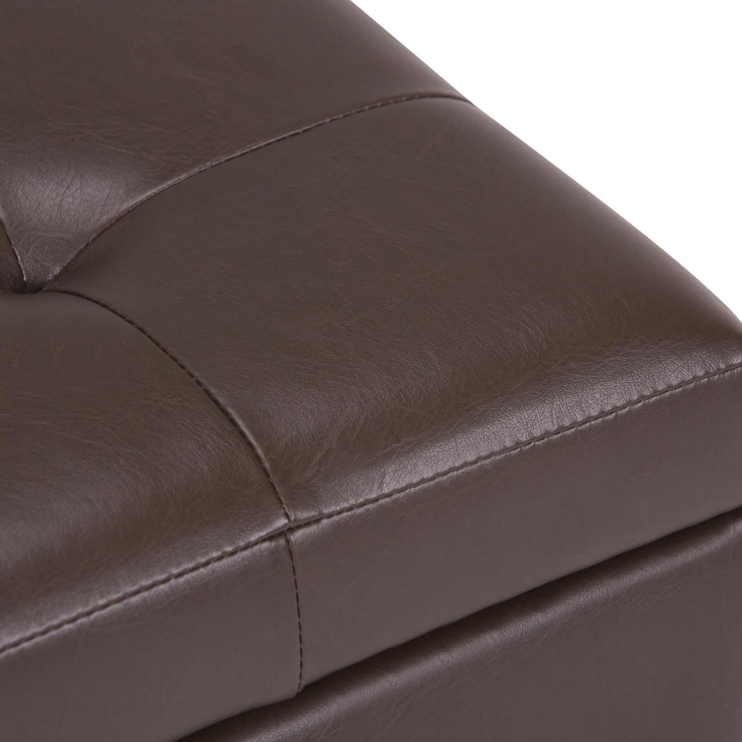 SIMPLIHOME Cosmopolitan Storage Ottoman - 34 inch Wide Upholstered Vegan Leather Rectangle Storage Ottoman Bench in Chocolate Brown, Transitional Tufted Ottoman for Living Room with Lift-Up Lid