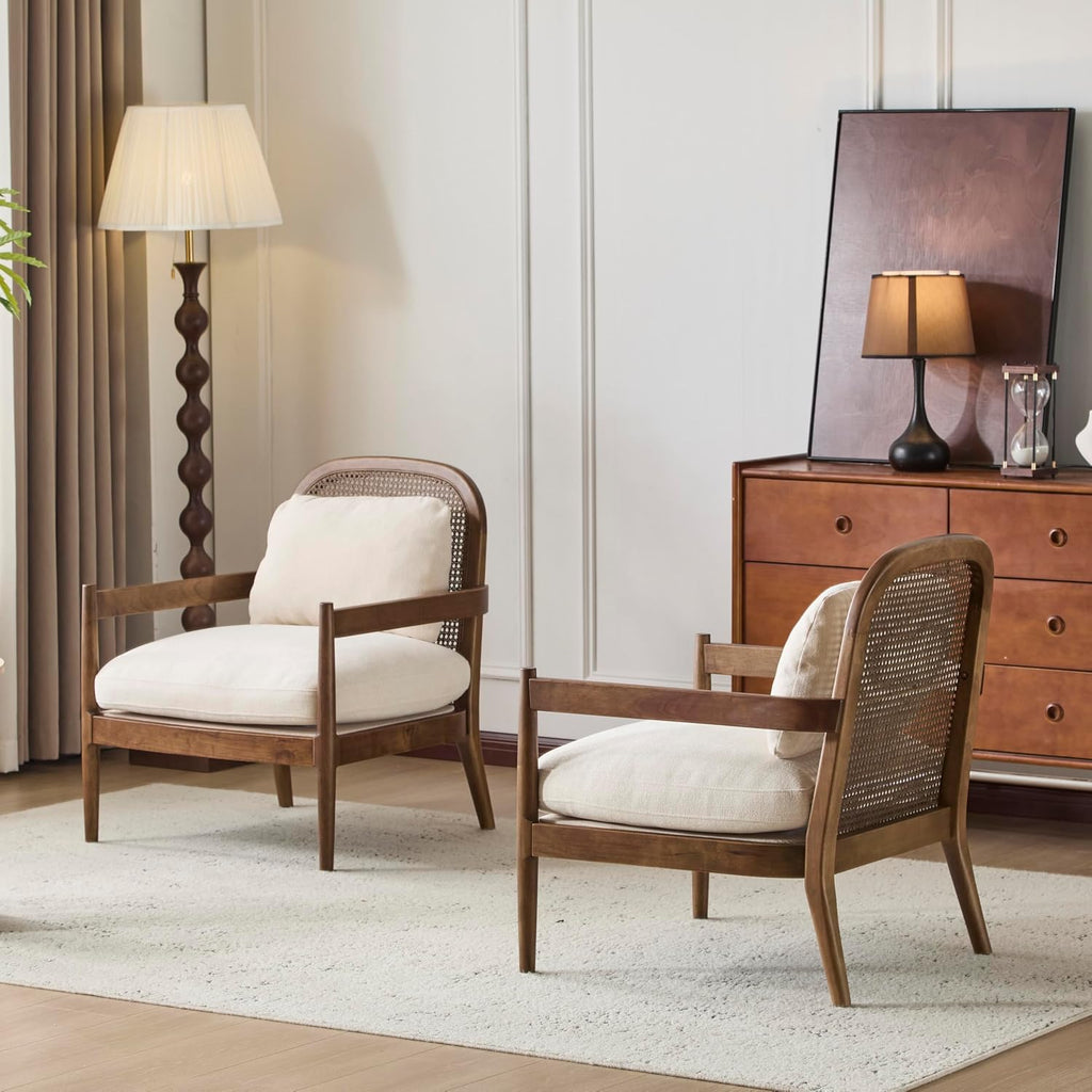 Christopher Knight Home Nadine Modern Club Chair Set of 2 with Cushion, Wooden Living Room Accent Chair with Rattan Open Back, Bedroom Comfy Reading Chair, Beige+Light Brown