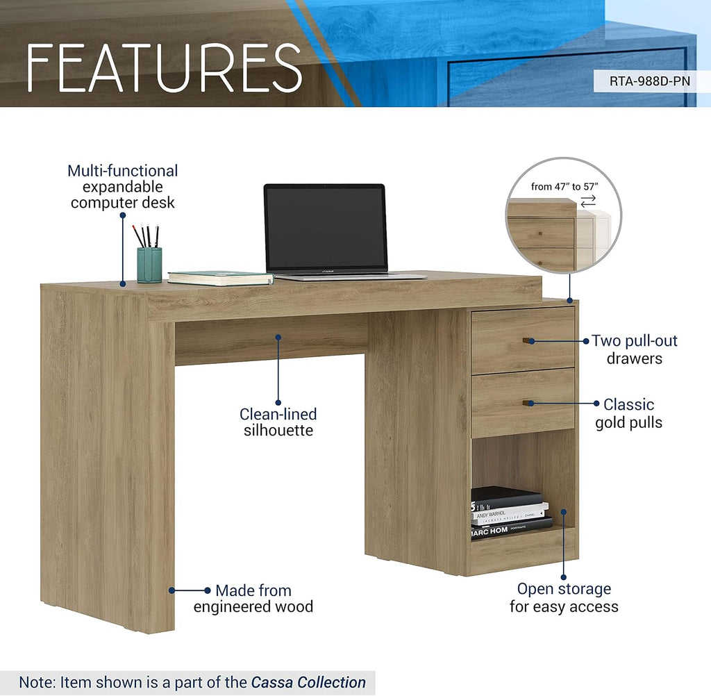 Expandable Desk with Storage Drawers & Open Shelf - Expands from 47 Inch to 57 Inch - Pine Computer Desk with Printer Space - Modern Home Office Table with Drawers - Techni Mobili Blanco Collection