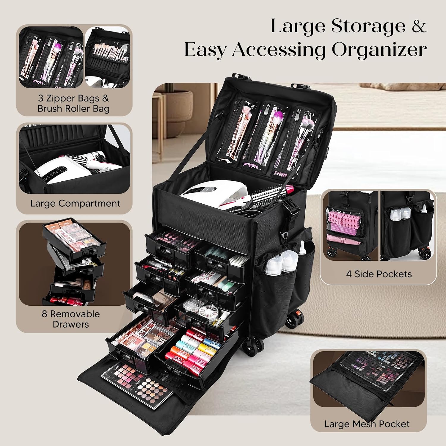 Costravio Travel Makeup Bag, Cosmetology Case on Wheels, 2 IN 1 Hair Tool Organizer, Rolling Nail Organizer Train Case, Large Cosmetic Trolley Suitcase for MUA/Hairstyling/Home-care/Groomer, Black