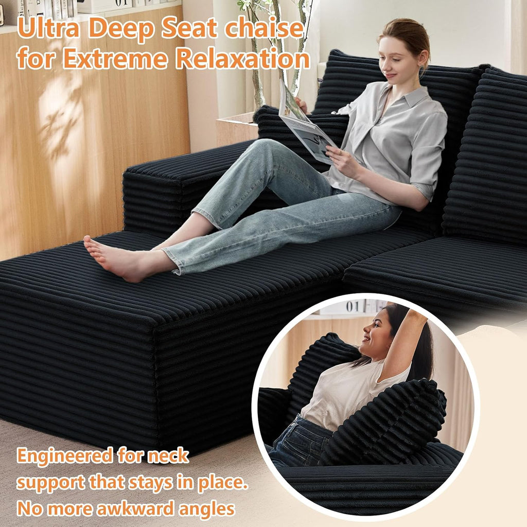 96' Modular Sectional Sofa,Modern Corduroy Cloud Couch,Boneless Couch Upholstered 3-Seater L-Shaped Sofa for Living Room,Couch in a Box No Assembly (Black, Left-Facing Chaise)