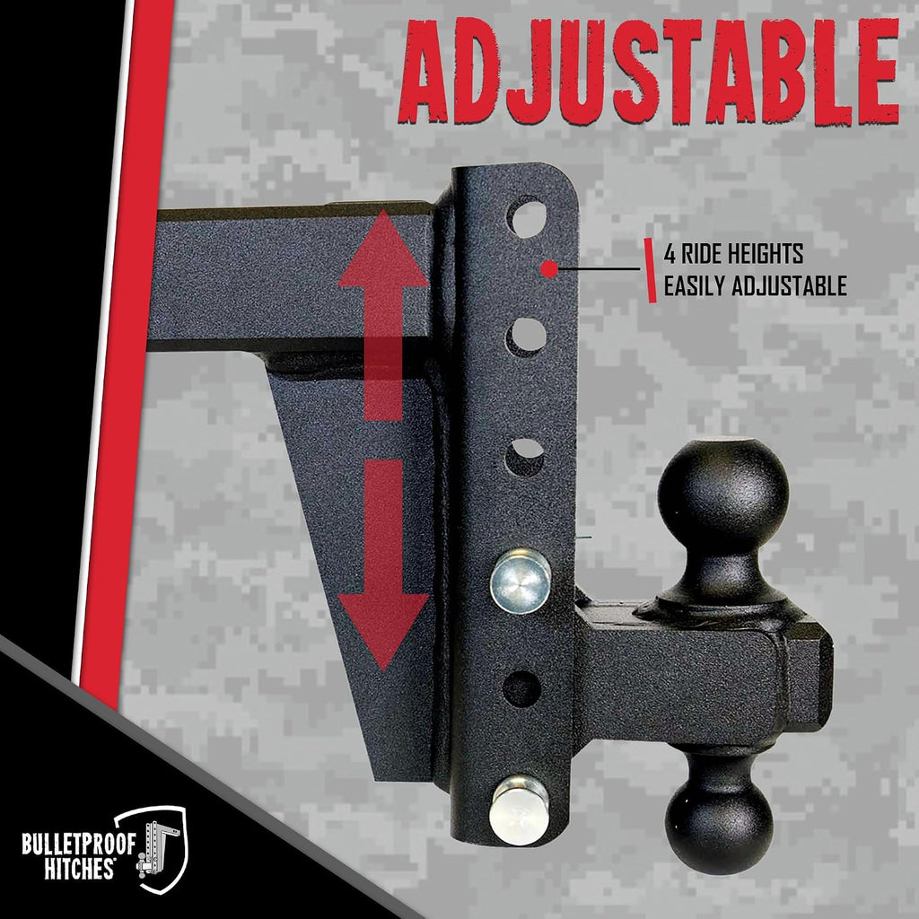BulletProof Hitches - 2.5' Adjustable Heavy Duty Trailer Hitch (22,000 lb. Rating) - 6' Drop/Rise Trailer Hitch with 2' & 2-5/16' Dual Ball - Powder Coat, Solid Steel, Corrosion-Resistant