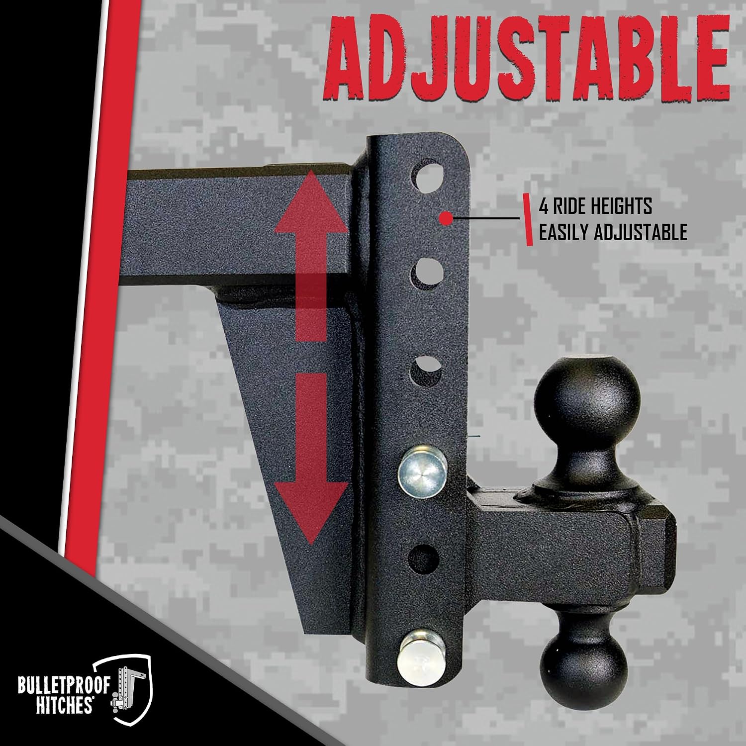 BulletProof Hitches - 2.5' Adjustable Heavy Duty Trailer Hitch (22,000 lb. Rating) - 6' Drop/Rise Trailer Hitch with 2' & 2-5/16' Dual Ball - Powder Coat, Solid Steel, Corrosion-Resistant