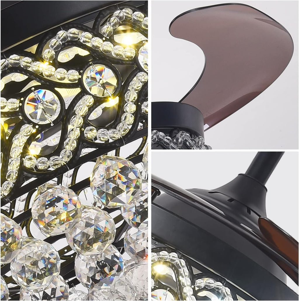Black Crystal Chandelier Fan, 42' Fandelier Ceiling Fan with Light, Ceiling Fans with Retractable Blades Lights and Remote for Living Dinning Room