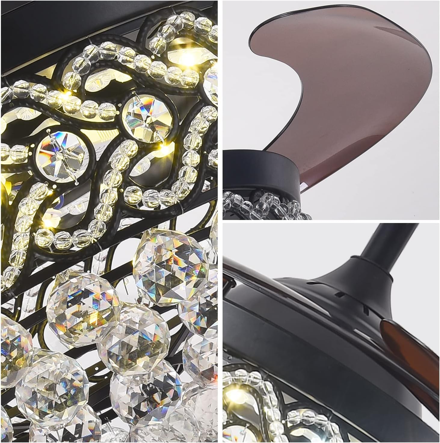 Black Crystal Chandelier Fan, 42' Fandelier Ceiling Fan with Light, Ceiling Fans with Retractable Blades Lights and Remote for Living Dinning Room