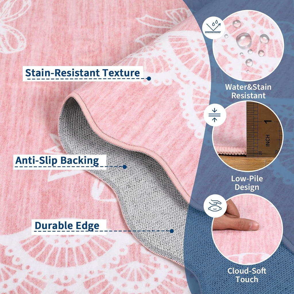Garvee Scalloped Bow 9x12 Washable Rug for Living Room, Soft Pink Rugs Non-Slip Low Pile Rug Modern Farmhouse Lace Carpet, Stain Resistant Low Pile Floor Cover for Bedroom College Kids Room, Pink