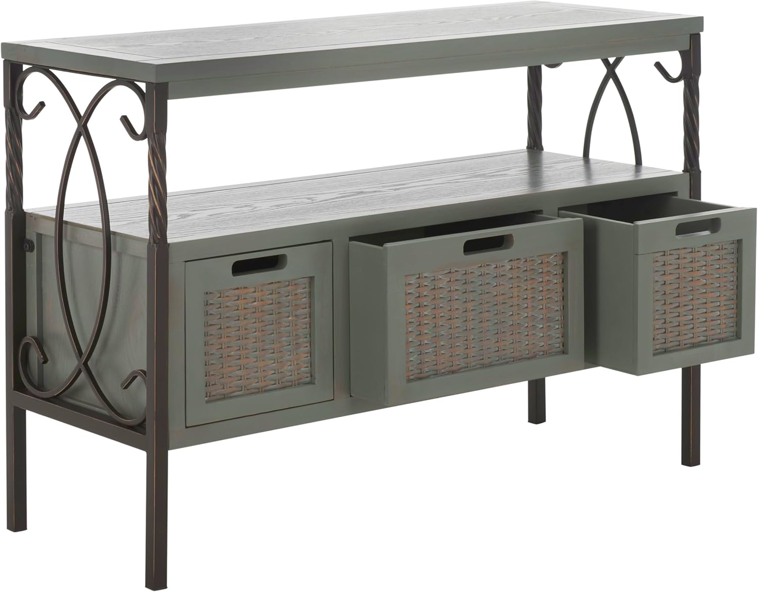 SAFAVIEH Home Collection – Joshua Ash Grey 3-Drawer Console Table with Shelf, Wicker Front Storage Drawers, Farmhouse-Inspired Accent Console for Entryway or Living Room (AMH6532B)
