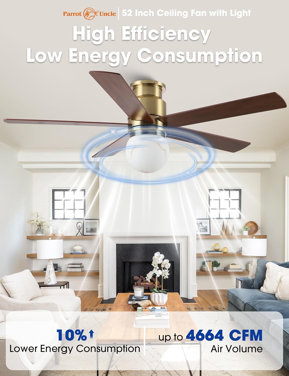 Gold Ceiling Fans with Lights and Remote, 52 Inch Low Profile Ceiling Fan with Light for Bedroom, Flush Mount Ceiling Fan for Living Room Indoor Outdoor, 6-Speed Reversible DC Motor, Dimmable LED 3CCT