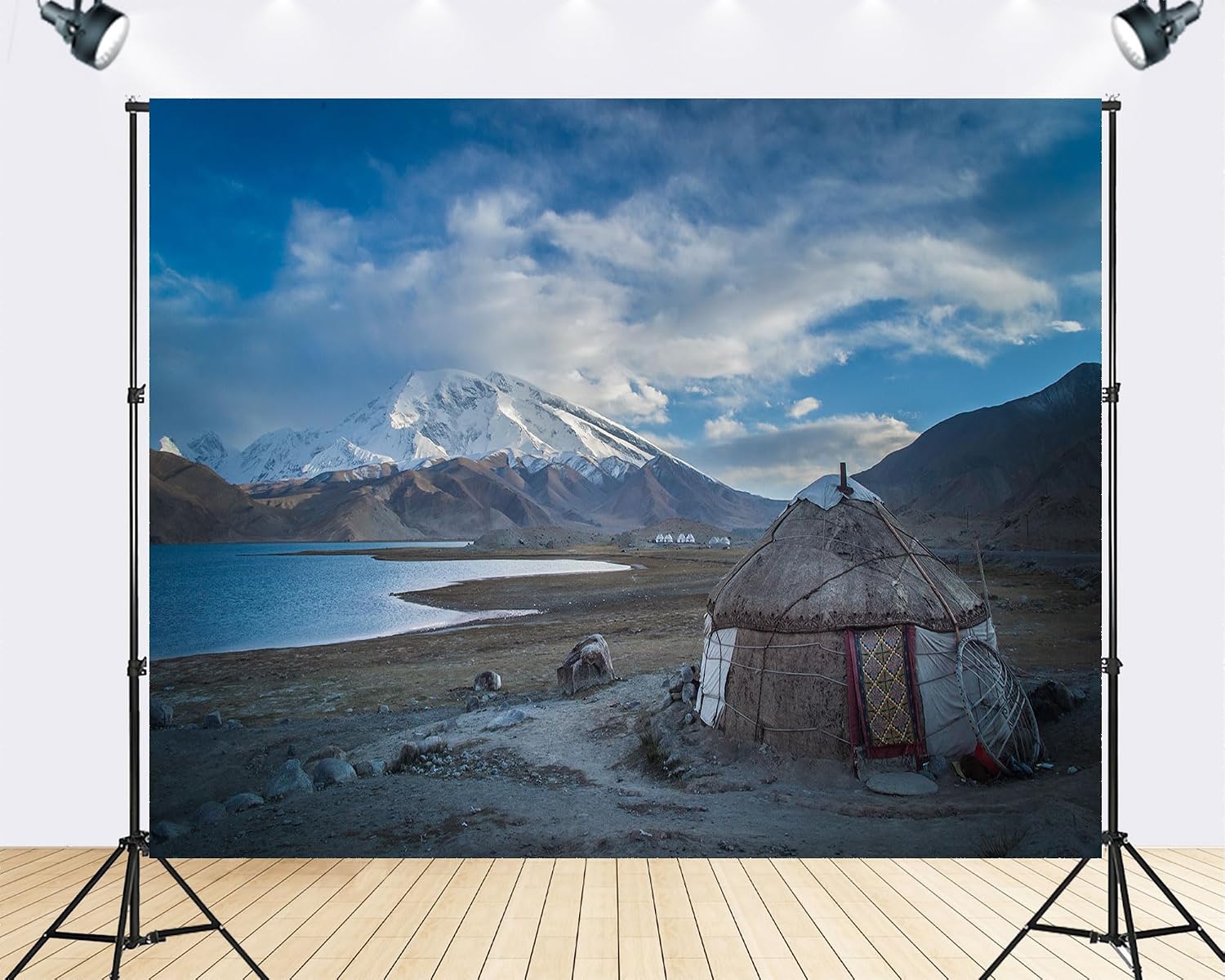 Trykid 20x10ft Highland Lake Snow Mountain Backdrop Scenic Yurt Village Open Prairie Clear Sky Photography Background Outdoor Adventure Party Decoration Photo Booth Prop Fabric