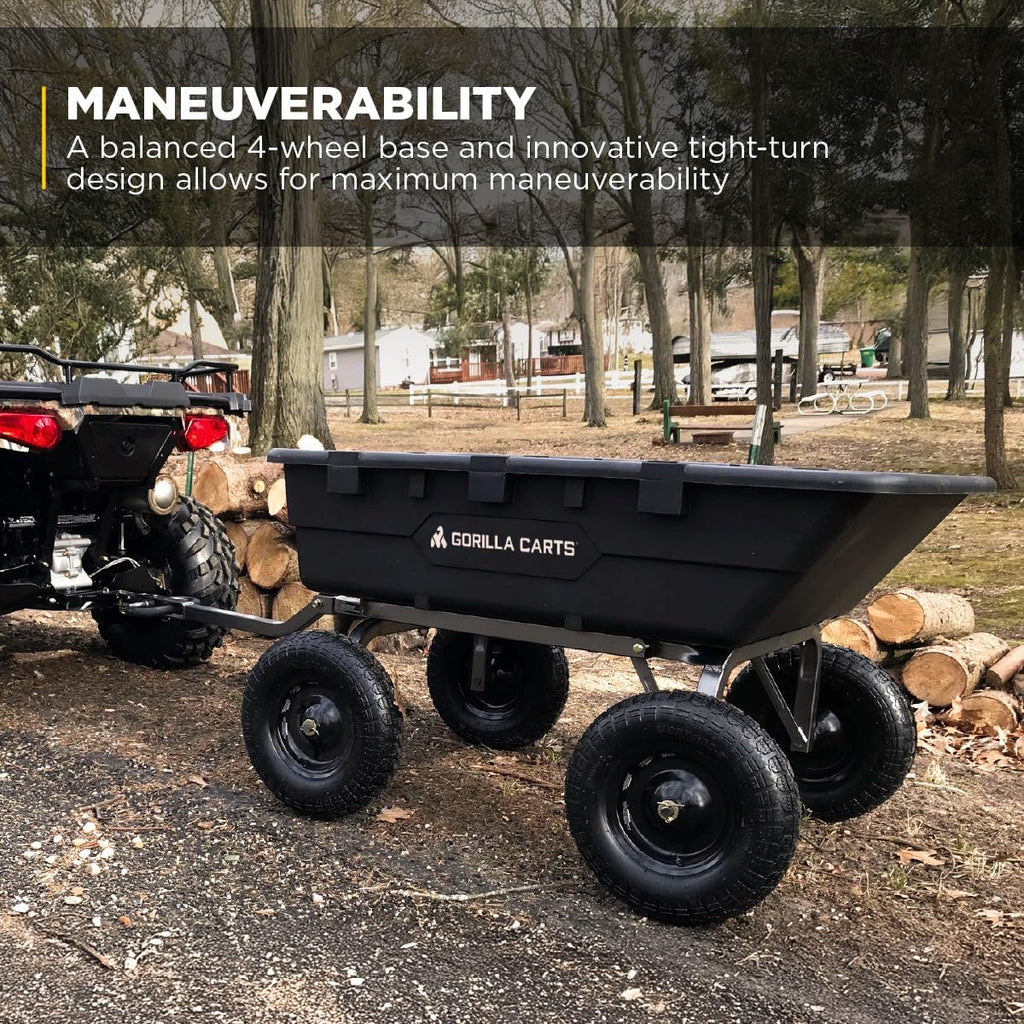 Gorilla Carts Heavy-Duty Poly Yard Dump Cart, 10 Cu Ft Tub, 1500 lb Haul Capacity, Black – Towable Utility Wagon with Quick-Release Dumping & Pneumatic Tires for Landscaping and Gardening
