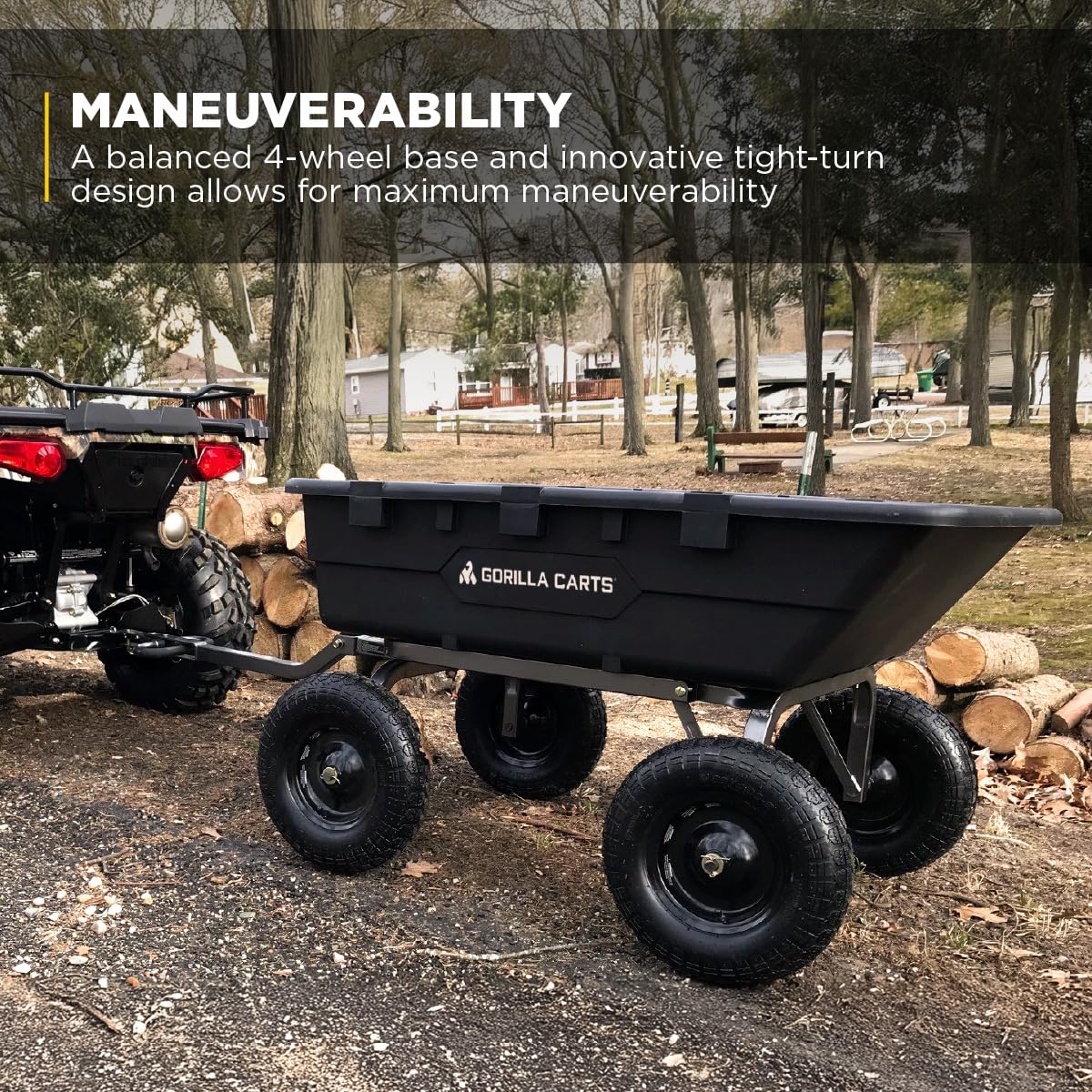 Gorilla Carts Heavy-Duty Poly Yard Dump Cart, 10 Cu Ft Tub, 1500 lb Haul Capacity, Black – Towable Utility Wagon with Quick-Release Dumping & Pneumatic Tires for Landscaping and Gardening
