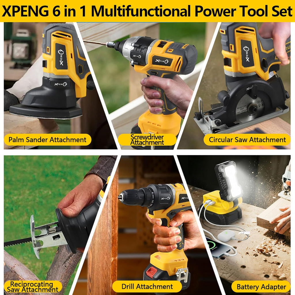 XPENG Cordless Power Tool Combo Kits 18V 6-Tool Drill Set,Circular Saw, Palm Sander, Impact Driver, Reciprocating Saw, Battery Compatible with Makita 20V Battery 2×4.0Ah Batteries and Fast Charger