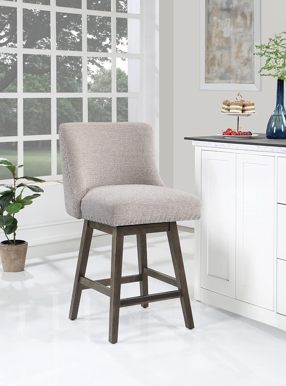 OSP Home Furnishings Granville Swivel Counter Height Stool with Grey Wood Legs, Wheat Fabric