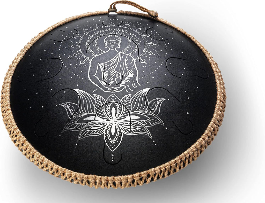 GUDA DRUM Coin Magic Lotus. Double sided drum with Rope Decoration and FREE Mallets. Premium Tongue Drum