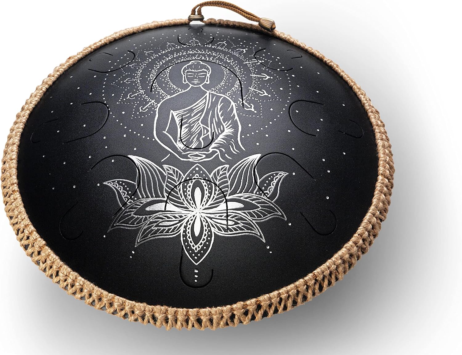 GUDA DRUM Coin Magic Lotus. Double sided drum with Rope Decoration and FREE Mallets. Premium Tongue Drum