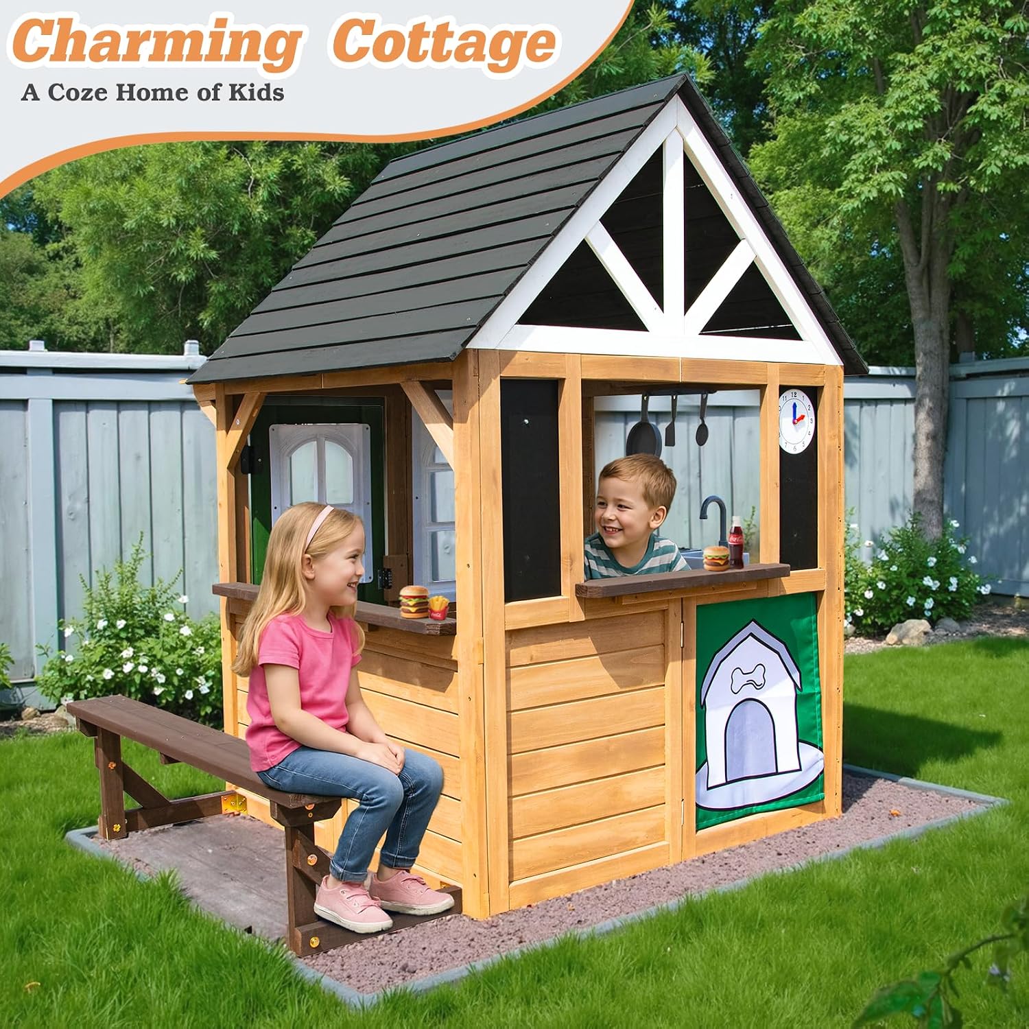 Kids Playhouse Outdoor,Cedar Gray Wooden Play House for Kids Ages 3-8,Interactive Doorbell, Kitchen Counter with Utensils, Sink, Window Boxes for Flowers (Brown)
