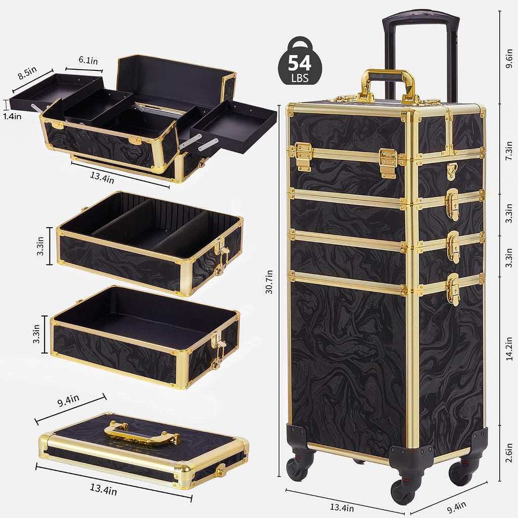 Somduy Rolling Makeup Case, Makeup Train Case with Lid, 5 in 1 Cosmetology Case on Wheels, Christmas Gift, Large Makeup Organizers, Profesional Cosmetic Case for Salon Barber, Pattern Black Gold