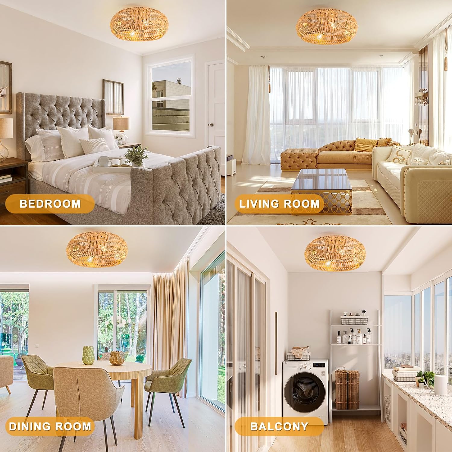 20' Boho Ceiling Fans with Lights (Bulbs Included), Low Profile Caged Ceiling Fan with Light and Remote, Rattan Flush Mount Ceiling Fan with 8 Reversible Blades for Bedroom, Living Room