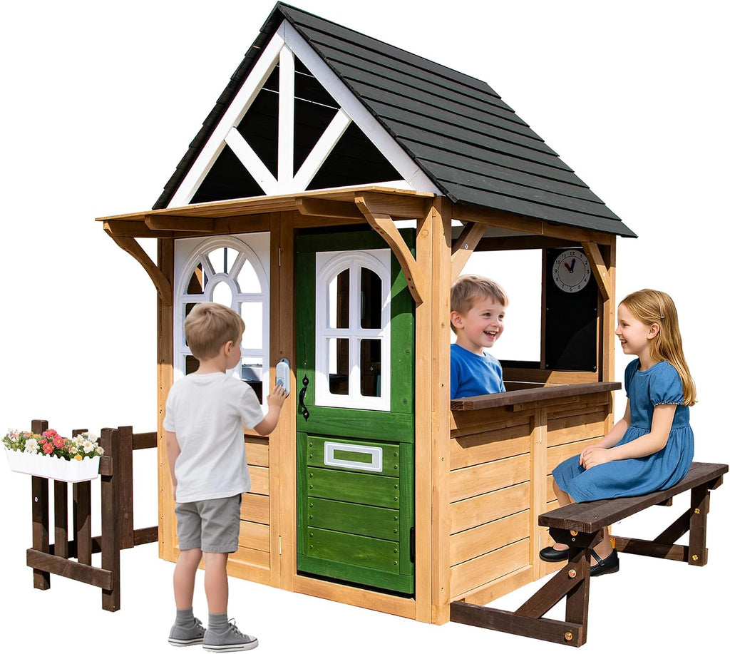 Kids Playhouse Outdoor,Cedar Gray Wooden Play House for Kids Ages 3-8,Interactive Doorbell, Kitchen Counter with Utensils, Sink, Window Boxes for Flowers (Brown)