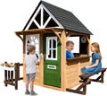 Kids Playhouse Outdoor,Cedar Gray Wooden Play House for Kids Ages 3-8,Interactive Doorbell, Kitchen Counter with Utensils, Sink, Window Boxes for Flowers (Brown)
