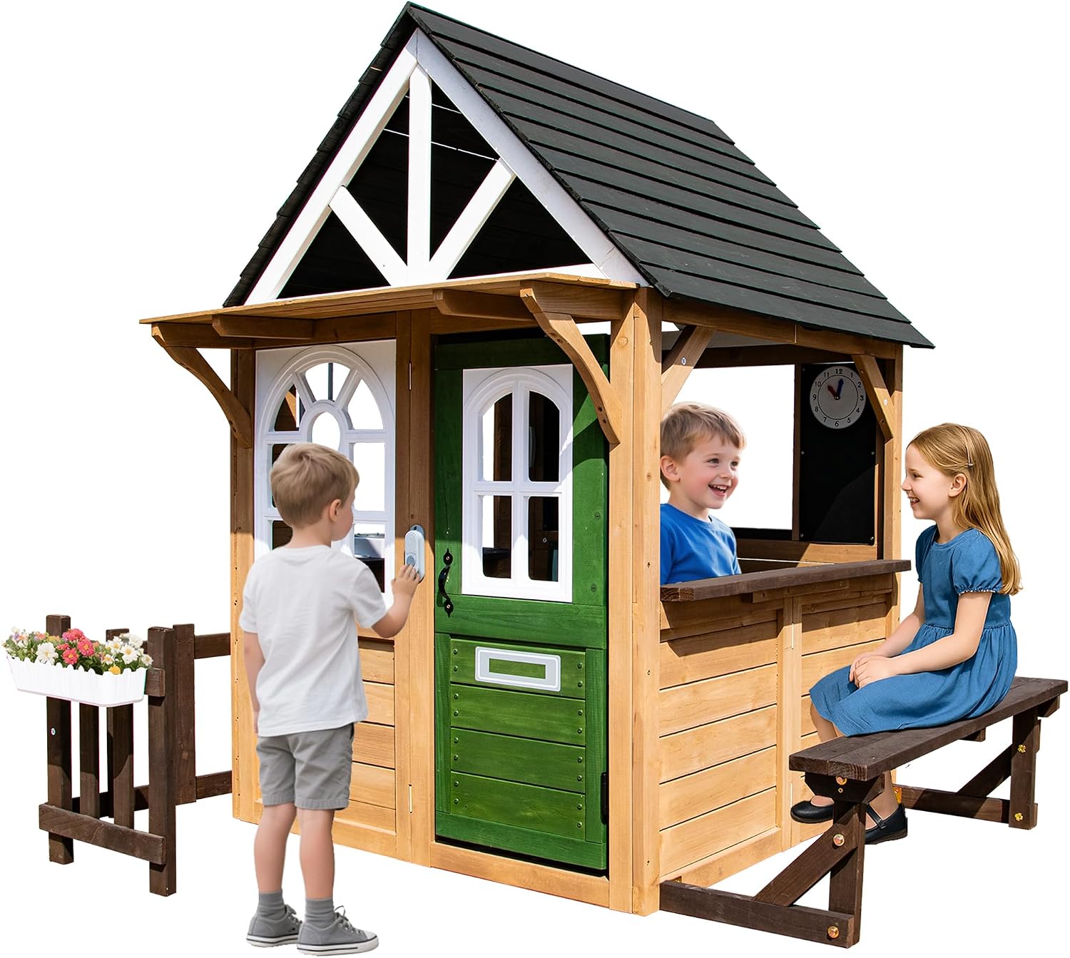 Kids Playhouse Outdoor,Cedar Gray Wooden Play House for Kids Ages 3-8,Interactive Doorbell, Kitchen Counter with Utensils, Sink, Window Boxes for Flowers (Brown)