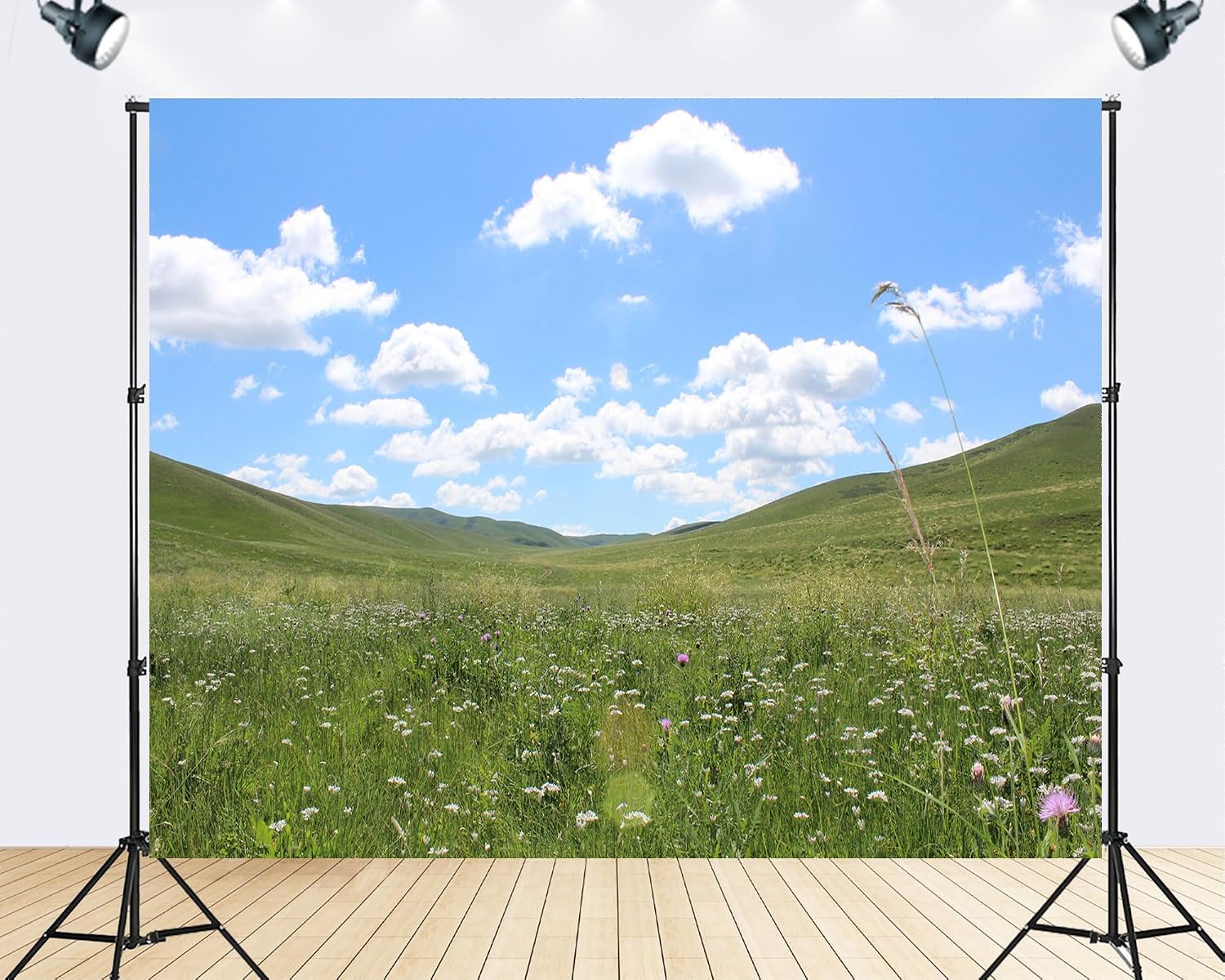 Trykid 20x10ft Wildflower Prairie Backdrop Rolling Hills Fluffy Clouds Clear Blue Sky Expansive Terrain Photography Background Countryside Wedding Party Decoration Photo Booth Prop Fabric