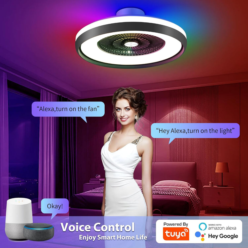 24' Low Profile Ceiling Fan with RGB Lights, Bladeless Ceiling Fan with Remote/APP/Voice Control, 6 Speeds Flush Mount
