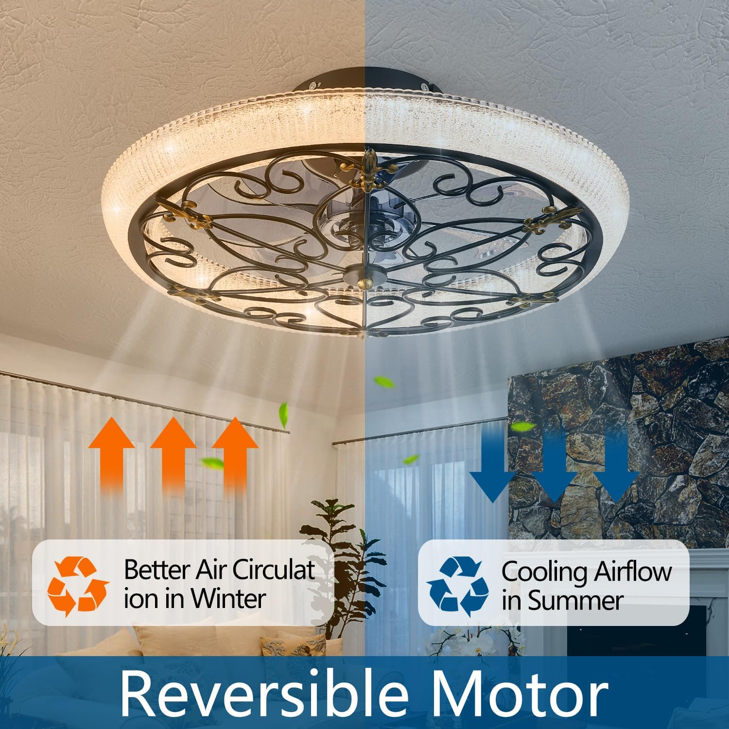 Black Caged Ceiling Fan with Lights Remote Control, 6 Speeds Rustic Industrial Ceiling Fan Light with Crystal Sand Lampshade for Kitchen Bedroom Living Room