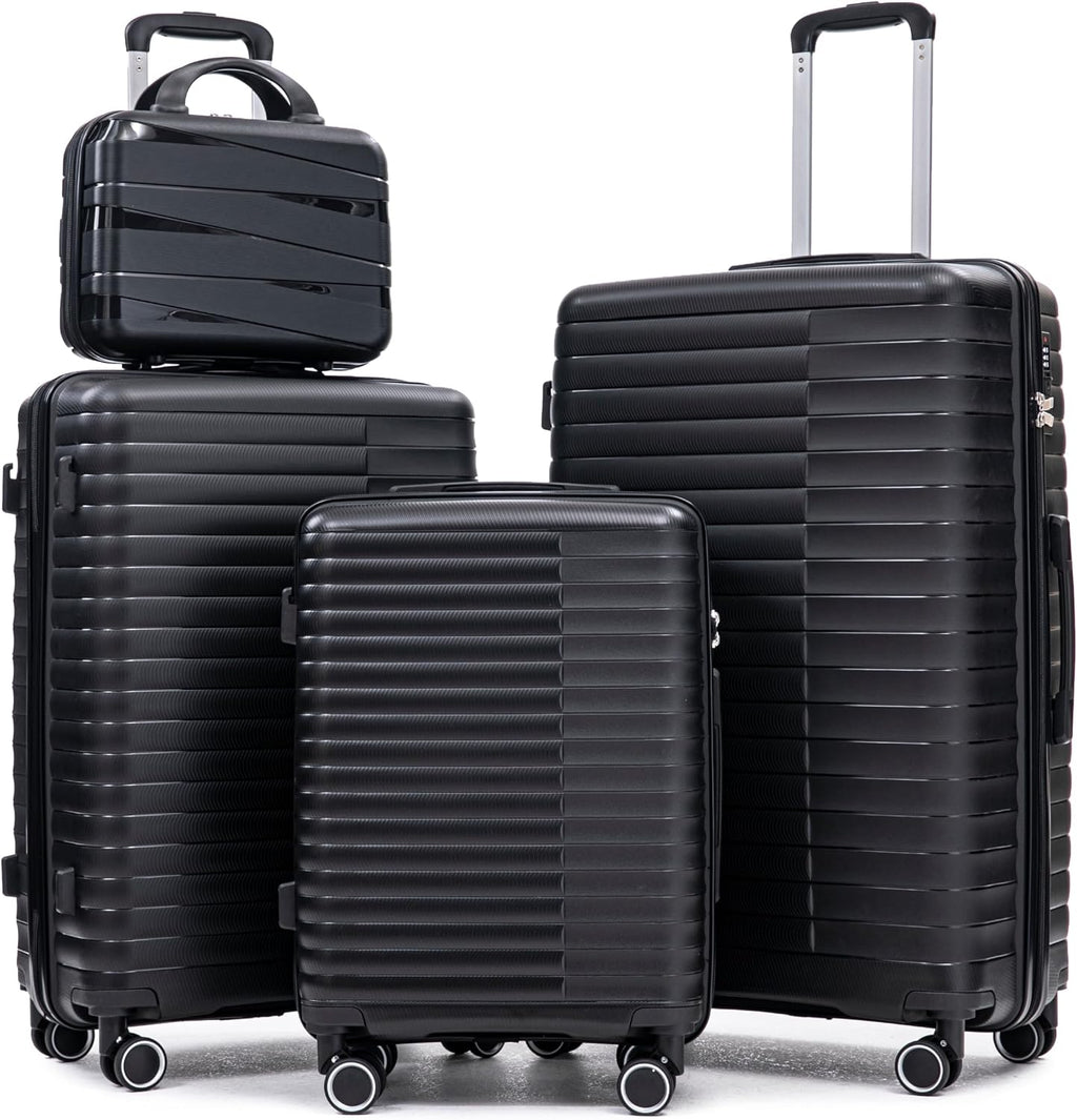 4-Piece PP Hardshell Luggage Set with 14' Cosmetic Case, 20'/24'/28' Spinner Suitcases, Carry On with Iron Telescopic Handle, Combination Lock, 360° Double Silent Wheels, Waterproof Travel Set, Black