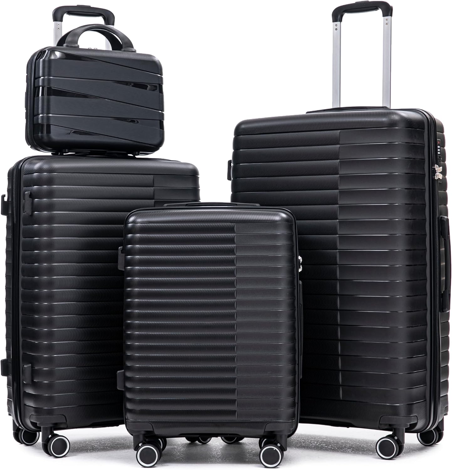 4-Piece PP Hardshell Luggage Set with 14' Cosmetic Case, 20'/24'/28' Spinner Suitcases, Carry On with Iron Telescopic Handle, Combination Lock, 360° Double Silent Wheels, Waterproof Travel Set, Black
