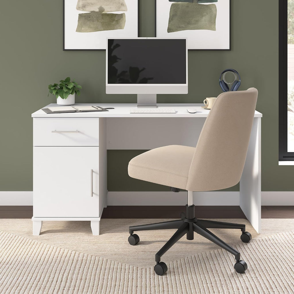 Bush Home 54-Inch Office Desk with Drawer and Storage Cabinet, Computer Desk with Box Drawer and Adjustable Shelf, Home Office Workstation Furniture, Somerset Collection, White