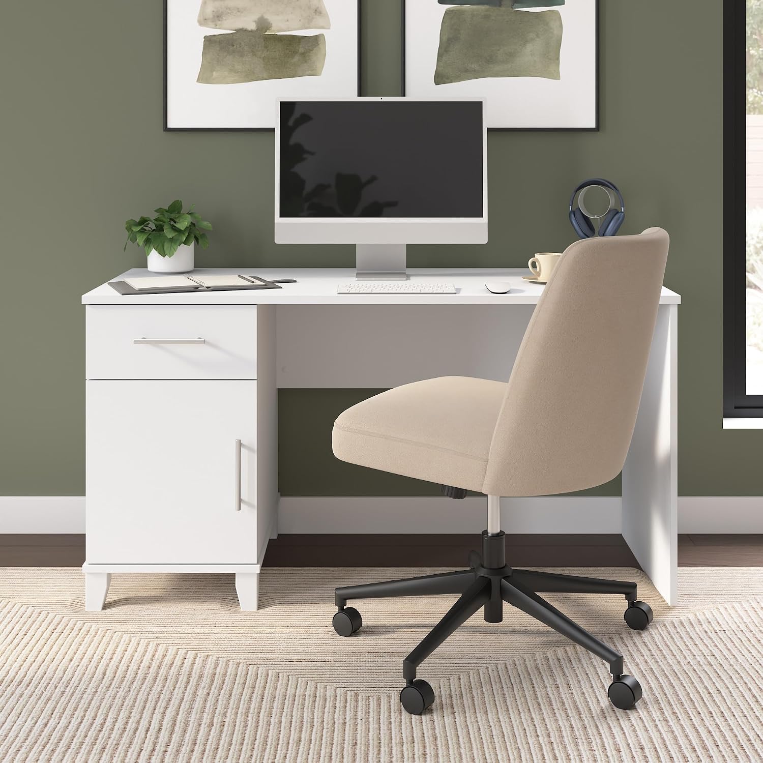 Bush Home 54-Inch Office Desk with Drawer and Storage Cabinet, Computer Desk with Box Drawer and Adjustable Shelf, Home Office Workstation Furniture, Somerset Collection, White