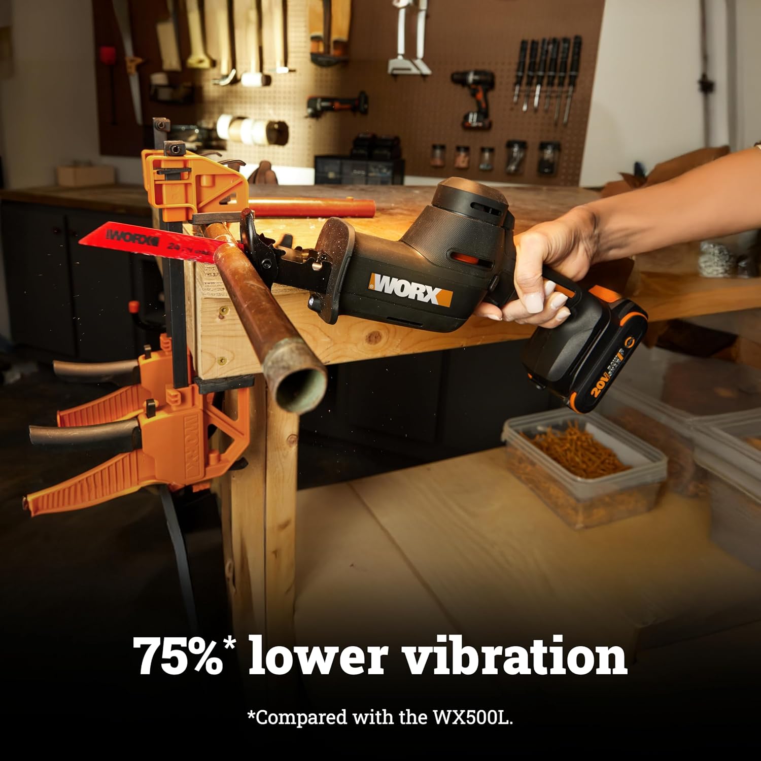 WORX Cordless Reciprocating Saw, 20V 1' Brushless Reciprocating Saw, 1' Stroke Length, Fast cuts up to 3,000 SPM, 12.5' Compact Design, 75% Lower Vibration, Battery and Charger Included, PowerShare