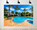 Trykid 20x10ft Resort Poolside Backdrop Palm Trees Clear Blue Water Luxury Villas Photography Background Summer Vacation Pool Party Decoration Photo Booth Prop Fabric