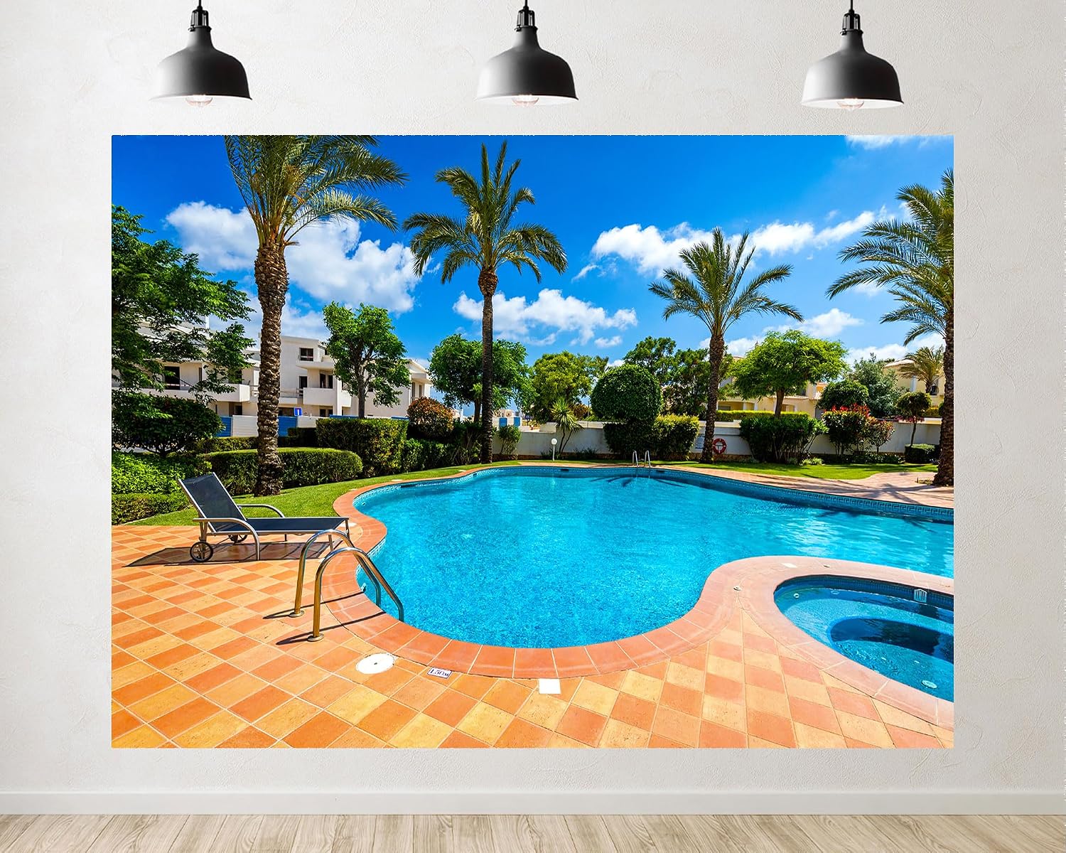 Trykid 20x10ft Resort Poolside Backdrop Palm Trees Clear Blue Water Luxury Villas Photography Background Summer Vacation Pool Party Decoration Photo Booth Prop Fabric