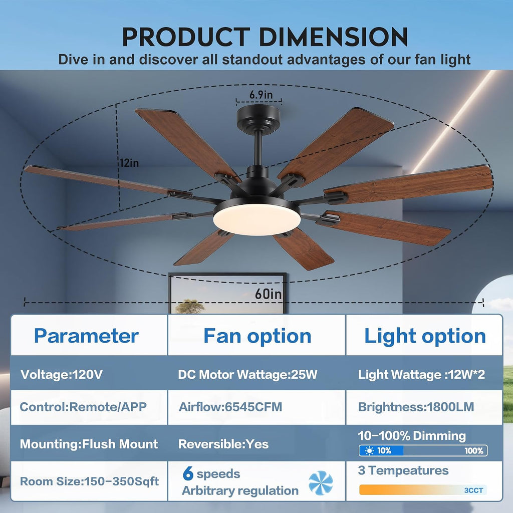 JSAITEE 60In Ceiling Fans with Lights - Brown Low Profile Fan Light with 8 Blades, 6 Wind Speeds Reversible, Dimmable, Modern Light Fixture for Indoor Living Room, Kitchen, Coverd Patios