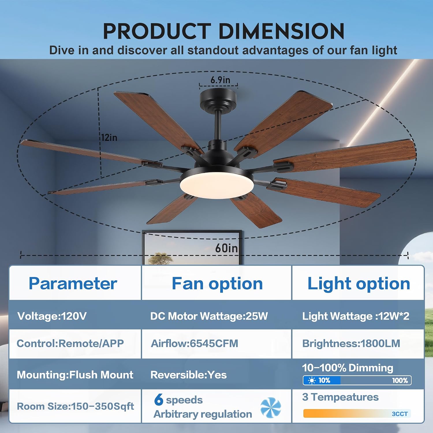 JSAITEE 60In Ceiling Fans with Lights - Brown Low Profile Fan Light with 8 Blades, 6 Wind Speeds Reversible, Dimmable, Modern Light Fixture for Indoor Living Room, Kitchen, Coverd Patios